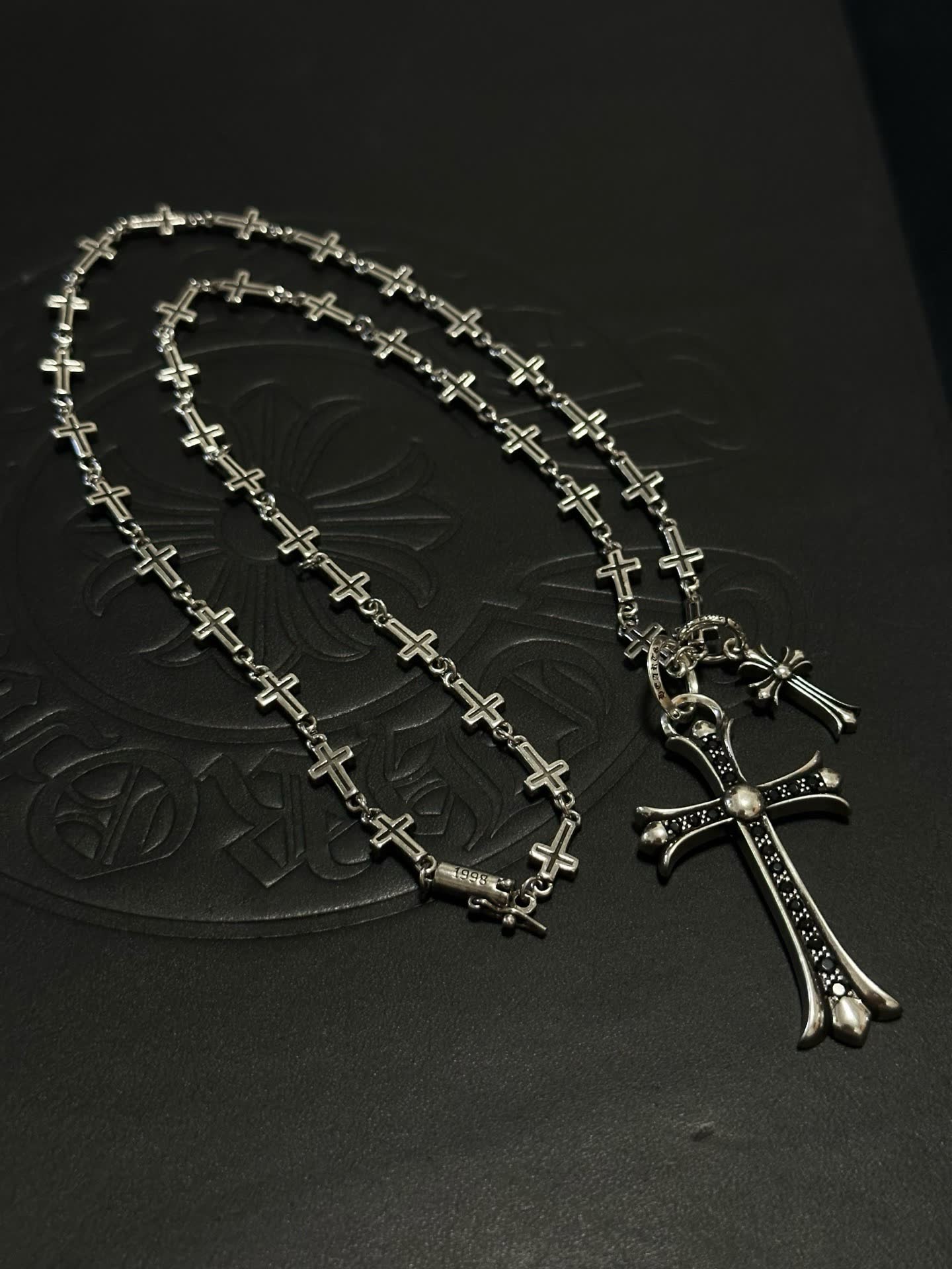 Chrome Hearts Silver Cross Necklace with Black Inlay